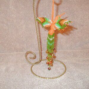 Hand Beaded Hummingbird Ornament With Gold Stand Colorful Bird Art Home Decor